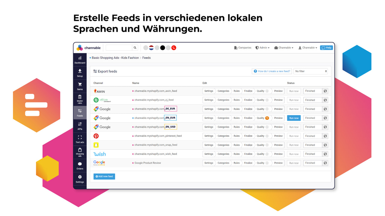 Kanalspezifische Feeds für mehrere Währungen und Sprachen