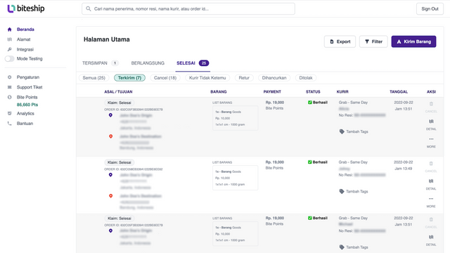 Verfolgen Sie alle Ihre Sendungen über das Biteship-Dashboard