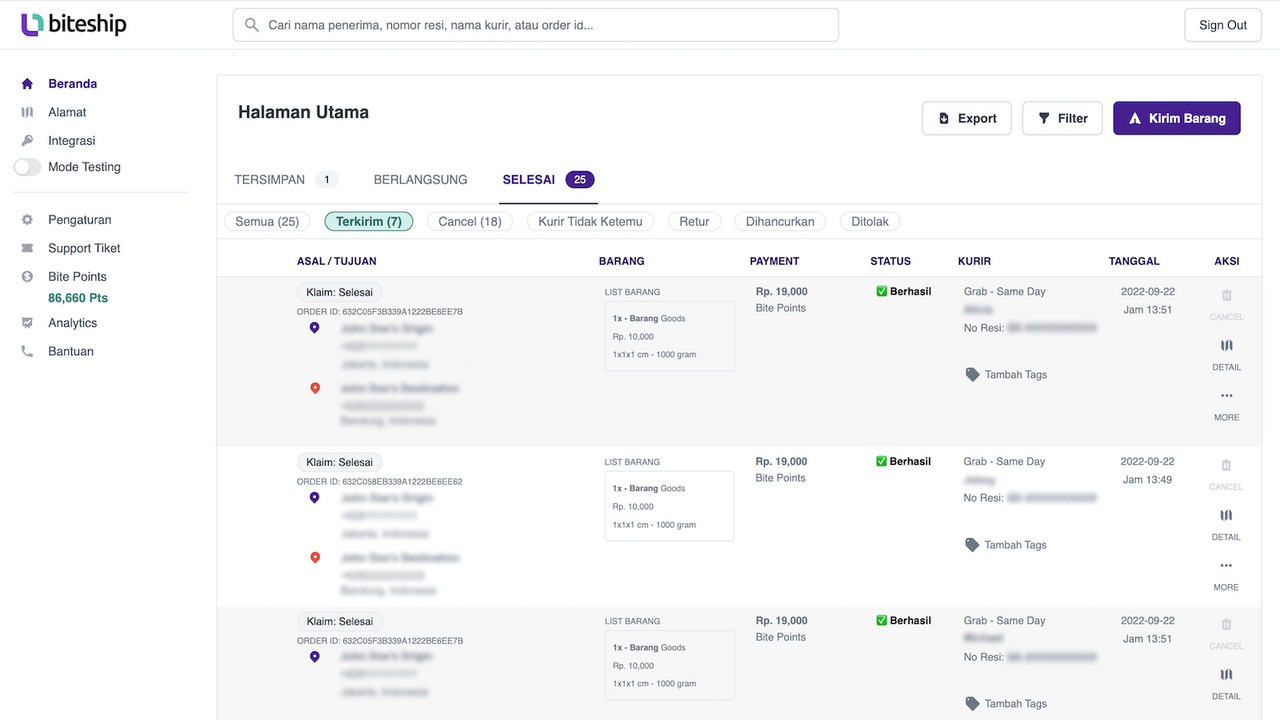 Track all of your shipment through Biteship Dashboard