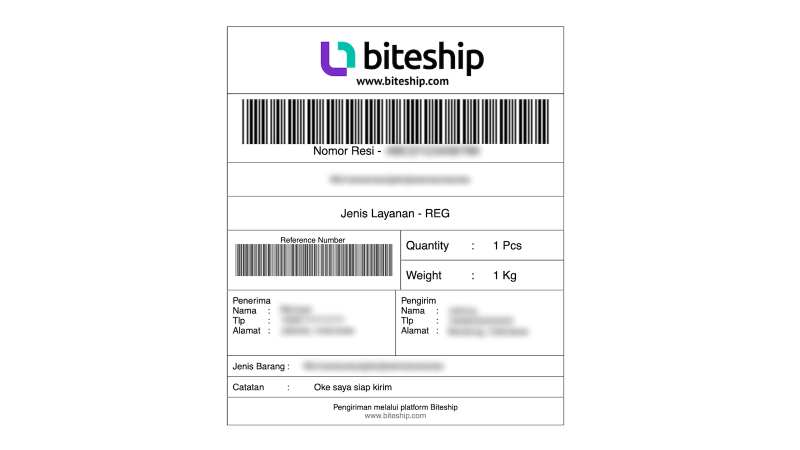 Etiqueta de envio automática fornecida pela Biteship