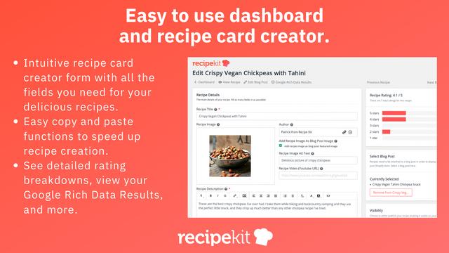 Tableau de bord de recettes facile à utiliser et formulaire de création de recettes.