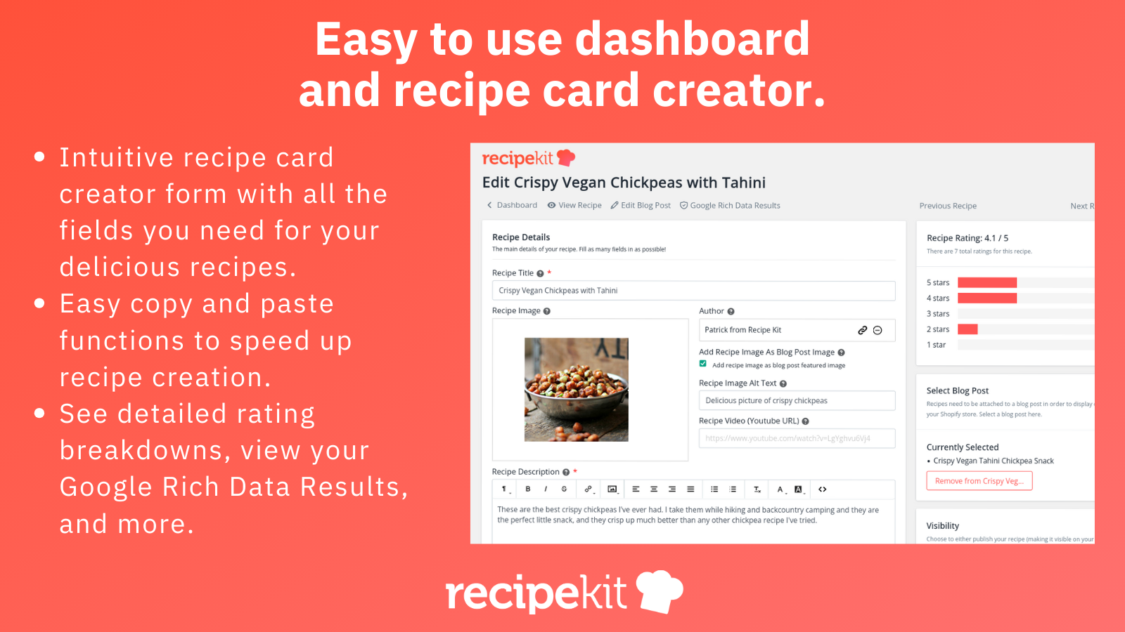 Painel de receitas fácil de usar e formulário de criação de receitas.