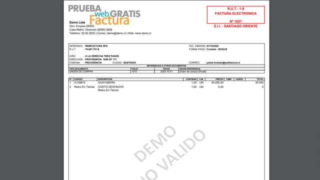 PDF del DTE generado en webfactura