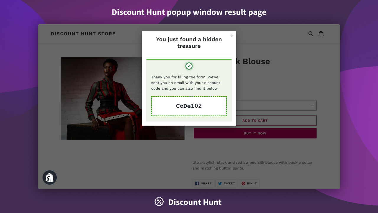 Página de resultado da janela popup do Discount Hunt