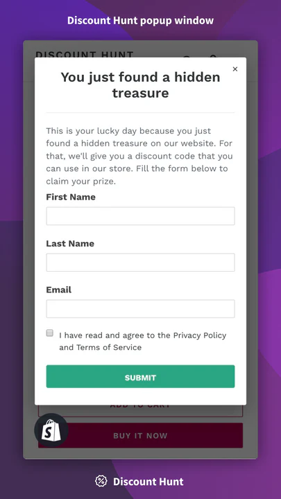 Discount Hunt popup window on mobile