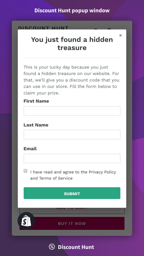 Fenêtre popup Discount Hunt sur mobile