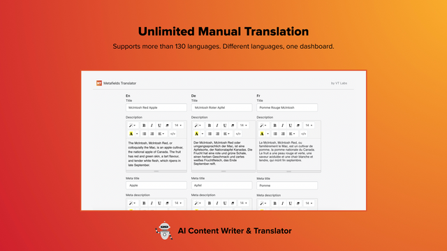 Manage and edit your translation manually or with AI Translation