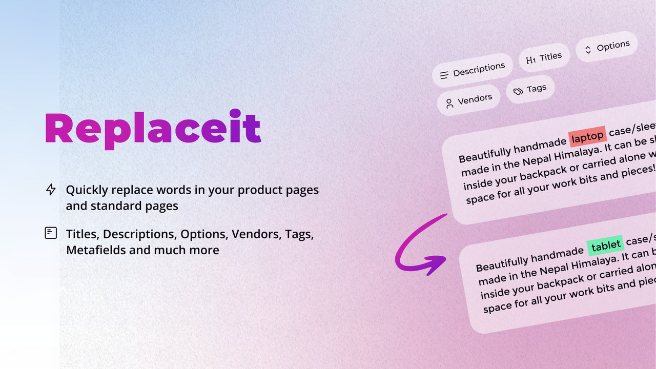 Substitua facilmente palavras em suas descrições e títulos de produtos.