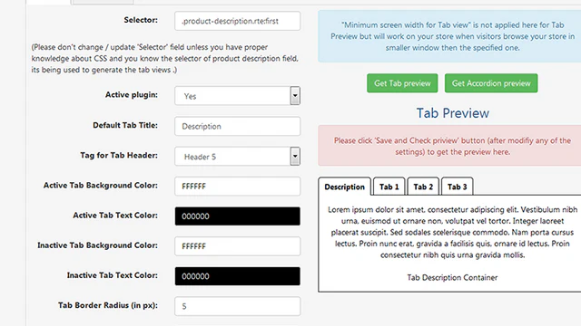 Automatisch gegenereerde productbeschrijving tabbladen instellingen in app backend