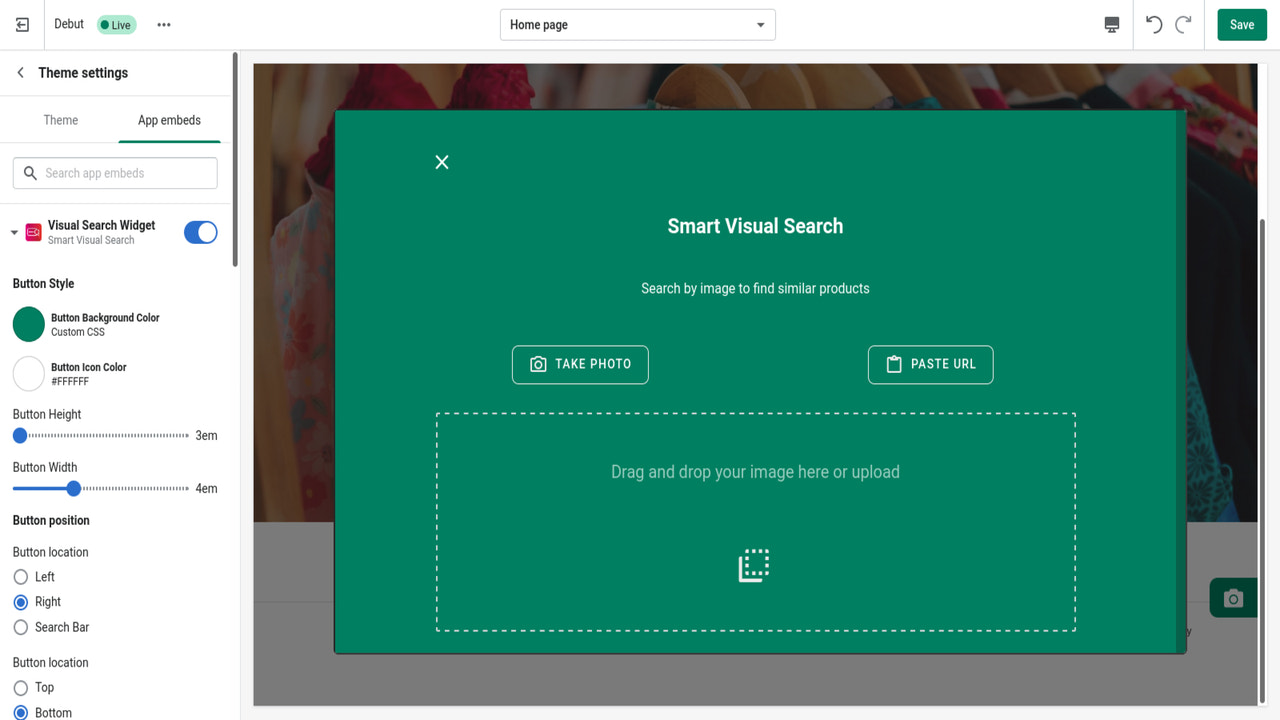 Anpassning av widget för visuell sökning i temainställningar