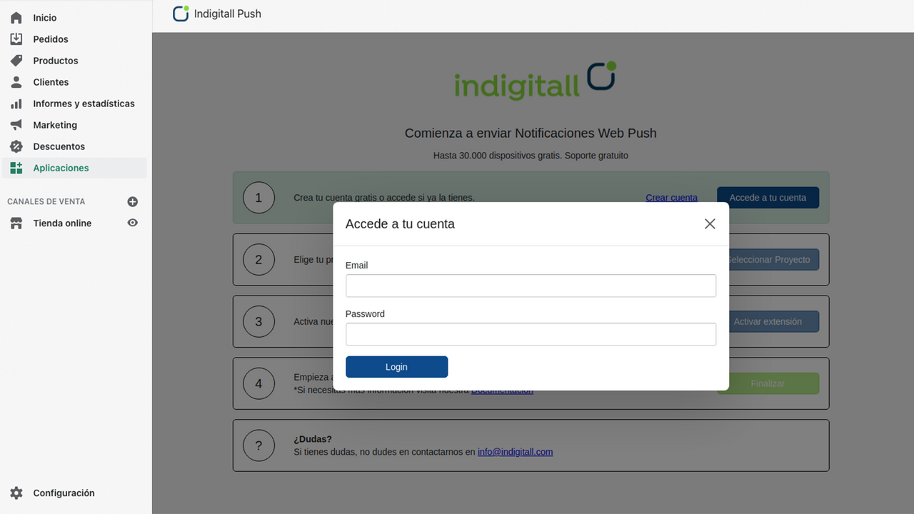 Login con tu cuenta de Indigitall.