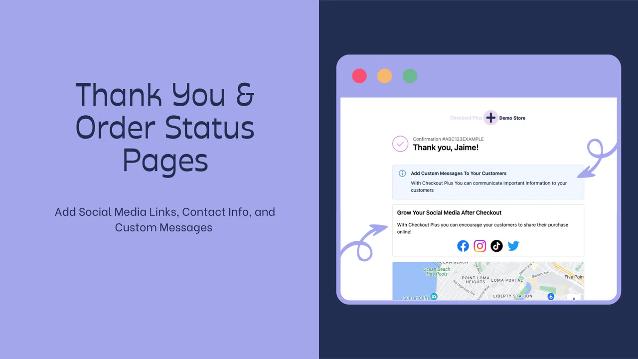 Exemple de page de remerciement et de statut de commande avec des liens vers les réseaux sociaux