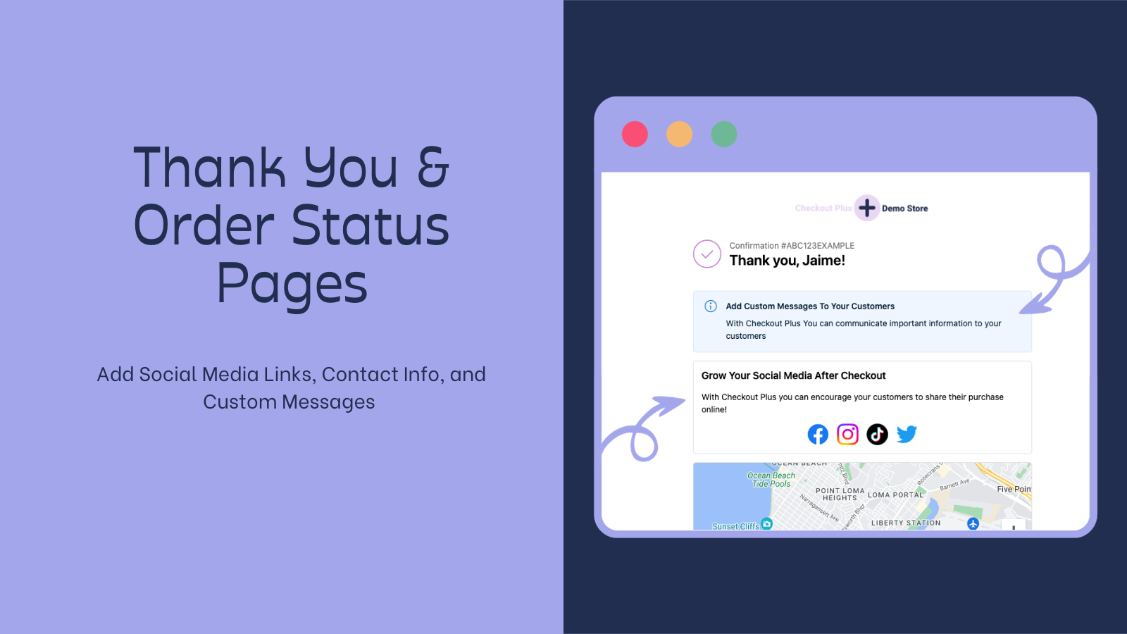 Thank you and order status page example with social media links
