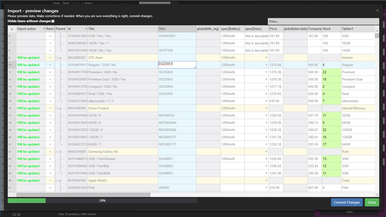 Intelligenter Import mit Änderungsvorschau. Bestätigen Sie die Änderungen und dann commit.