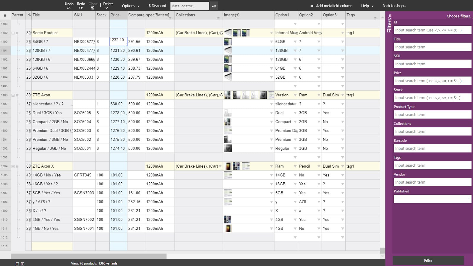 Interface de planilha de edição rápida estilo excel