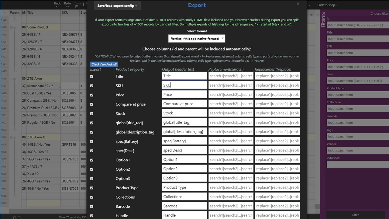 Anpassad export. Du kan ange vilka kolumner som ska exporteras.