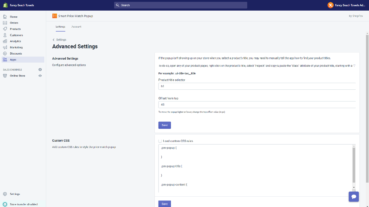 Página de configuración avanzada