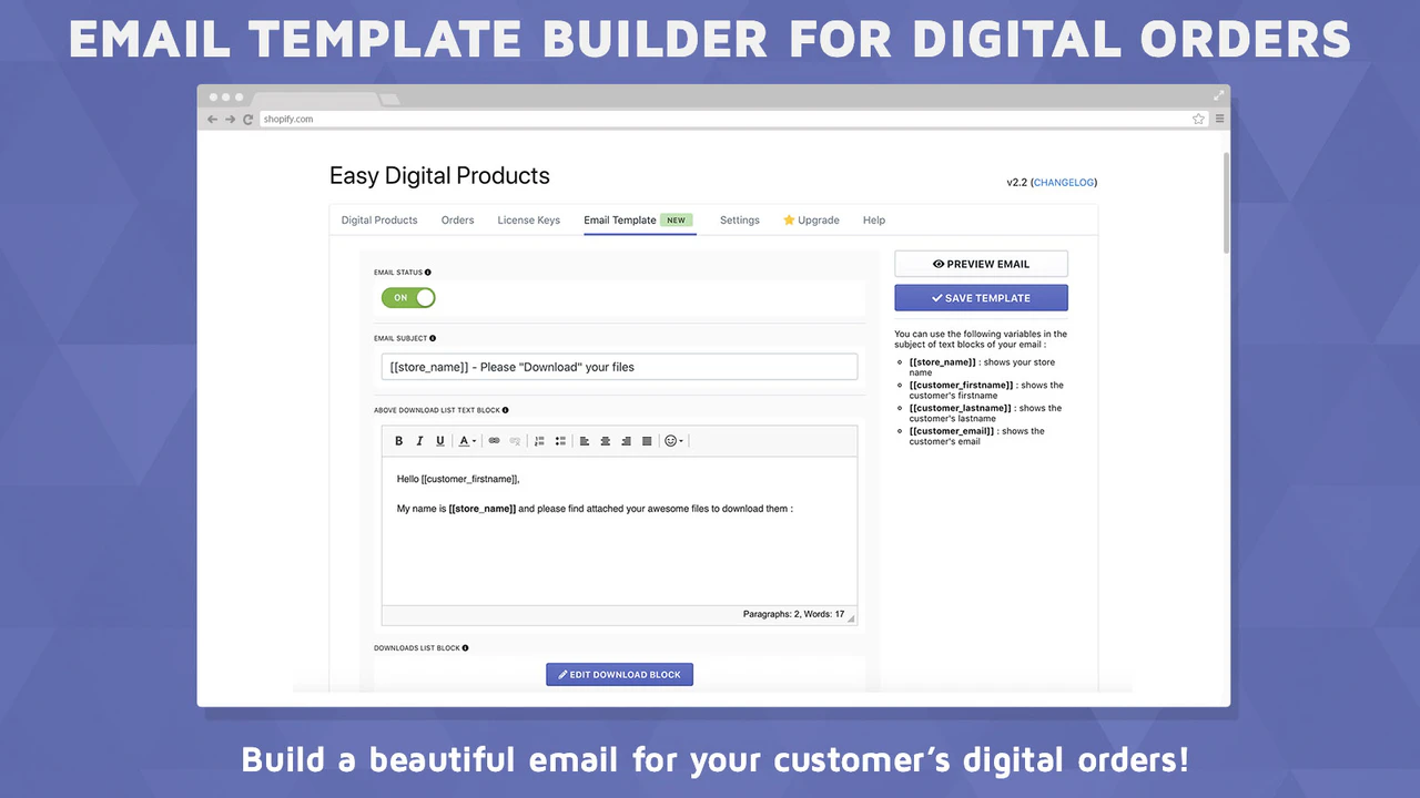 Créez de beaux e-mails pour les commandes numériques de vos clients