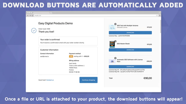 Boutons de téléchargement à l'intérieur de la page de confirmation de commande