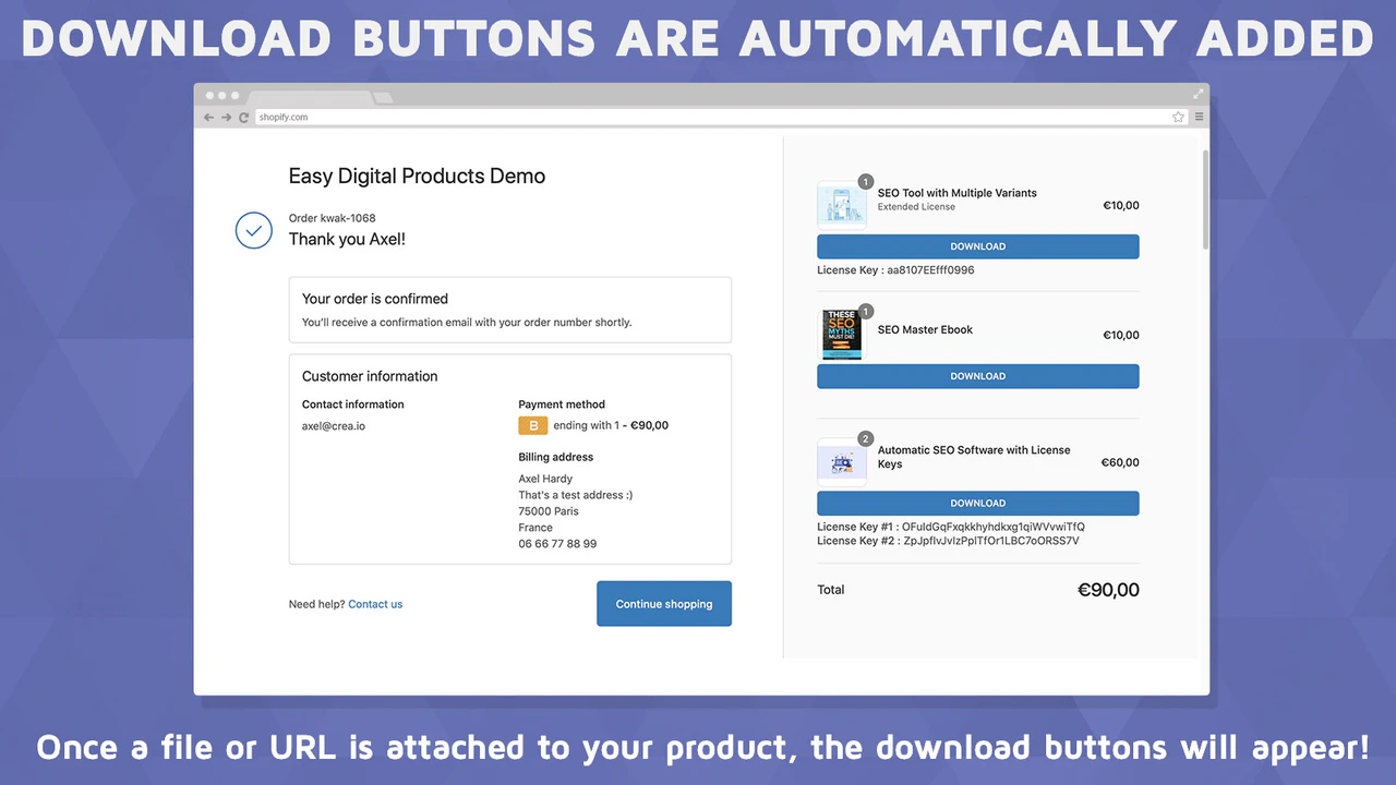 Downloads knoppen binnen de orderbevestigingspagina