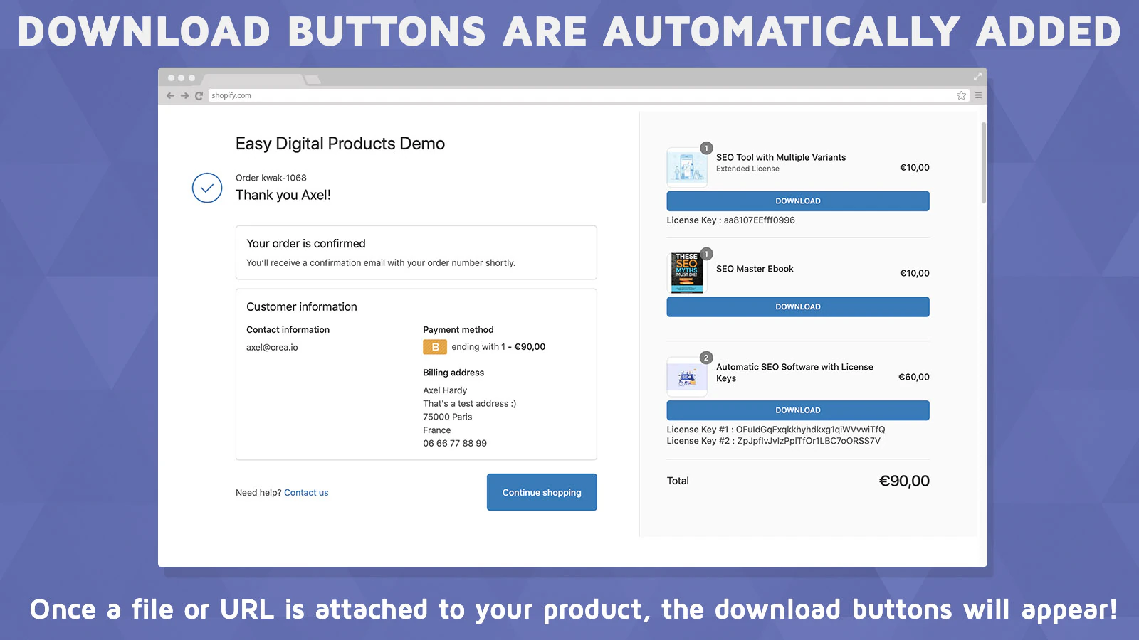 Boutons de téléchargement à l'intérieur de la page de confirmation de commande