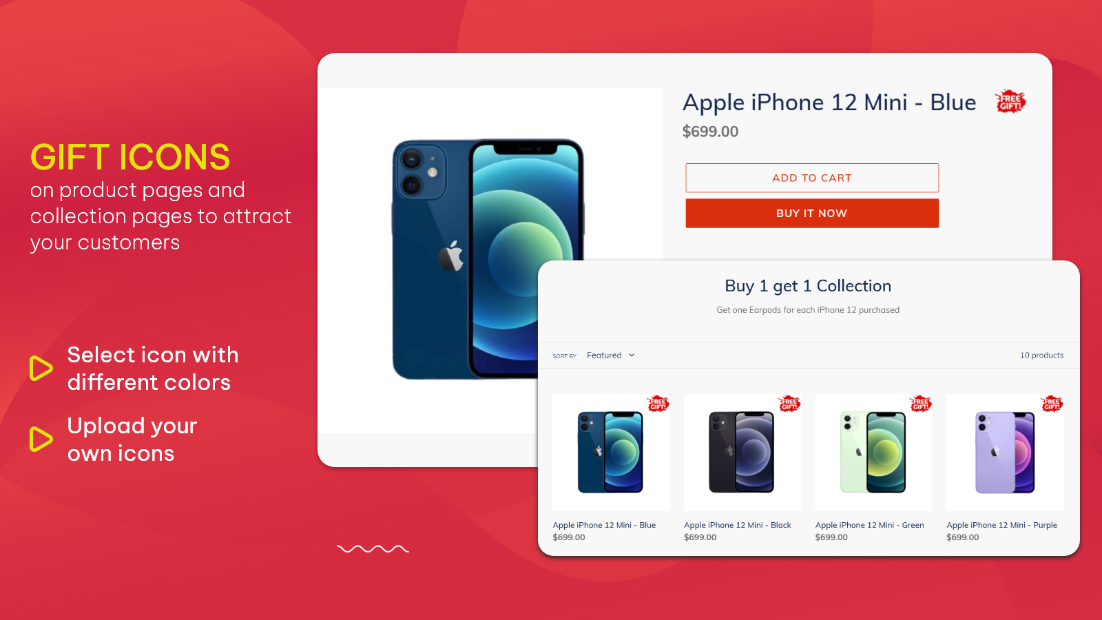 Show free gift icon on product page