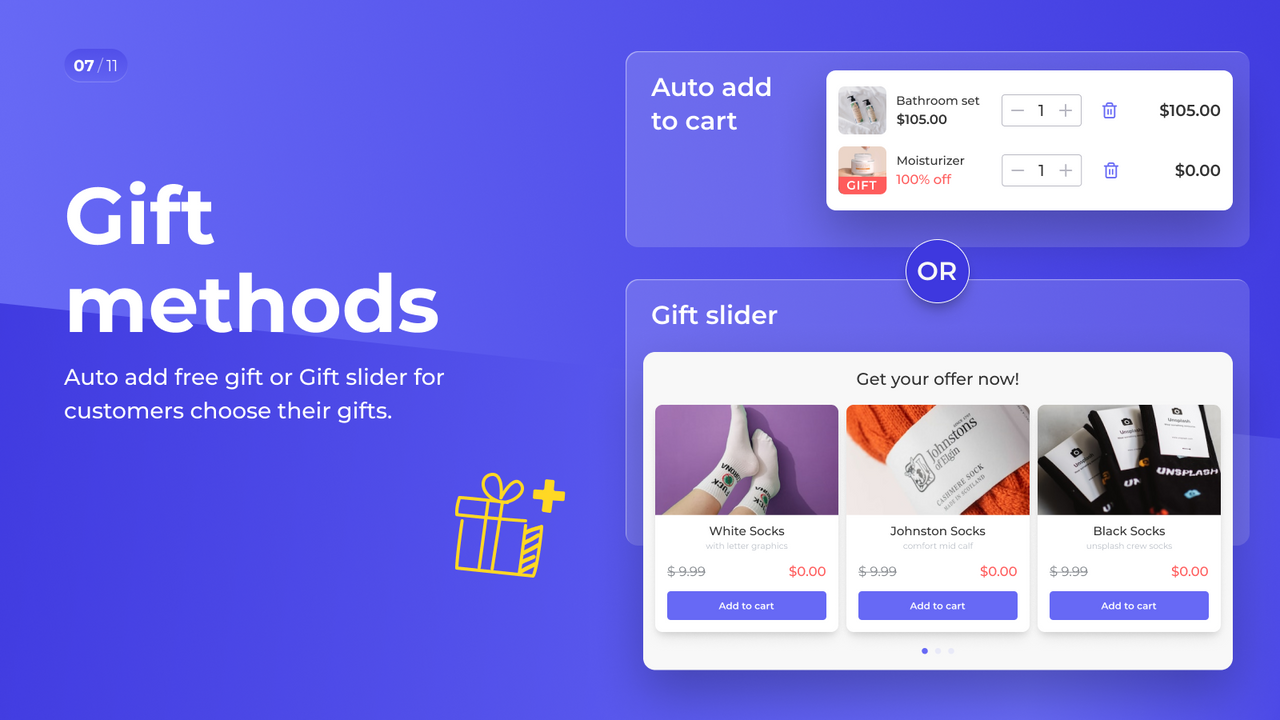 Auto add to cart or gift slider to let customer choose free gift