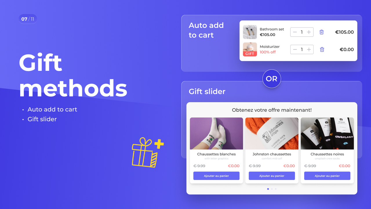 Auto add to cart or gift slider to let customer choose free gift