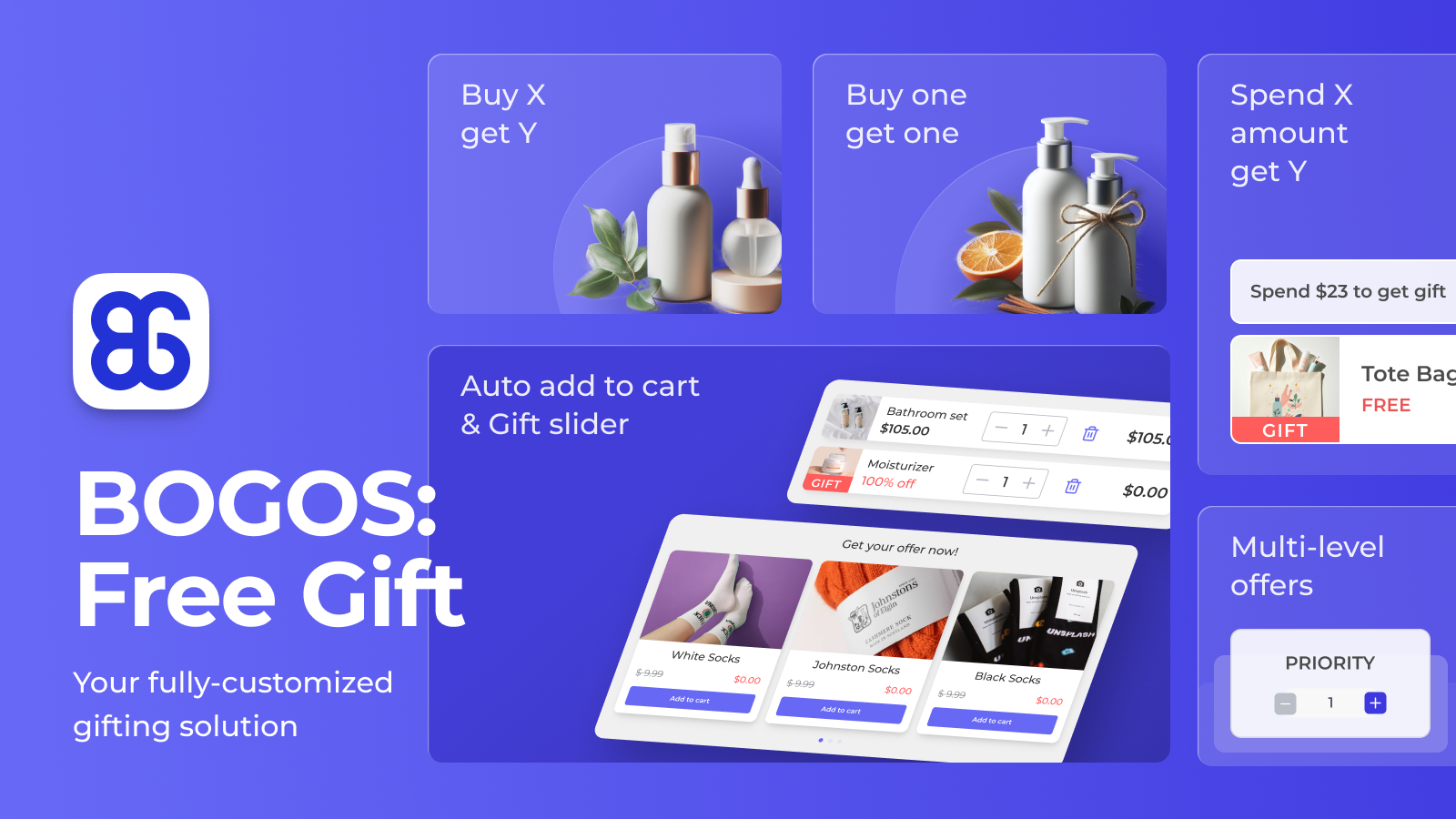 BOGOS: free gifts, Buy X Get Y, BOGO, Gift with purchase, b1g1