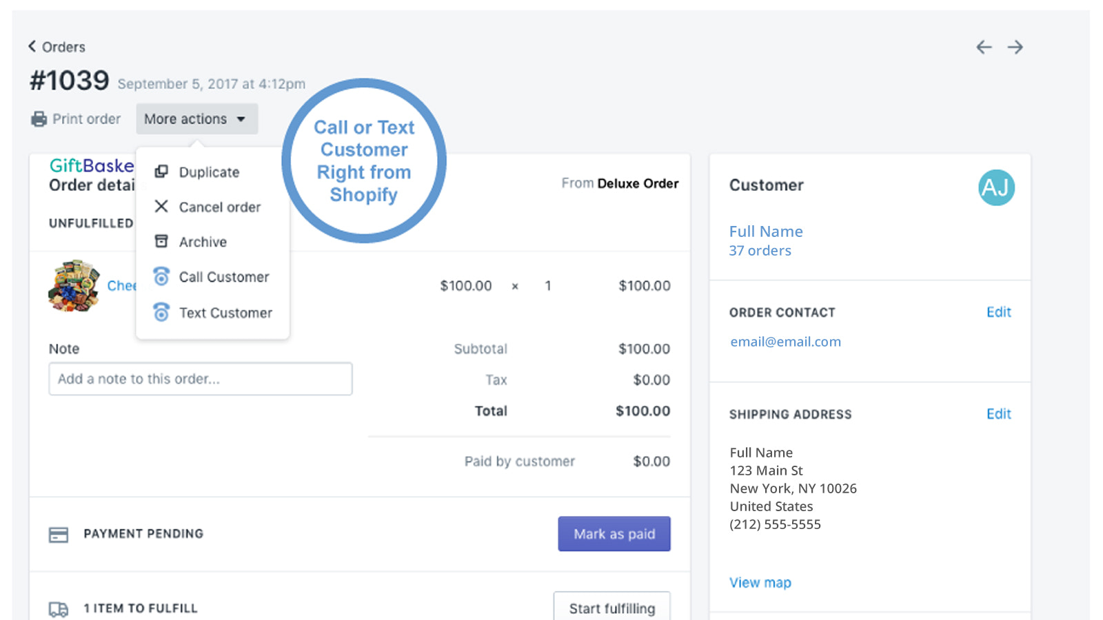 ligar ou enviar mensagem de texto do Shopify