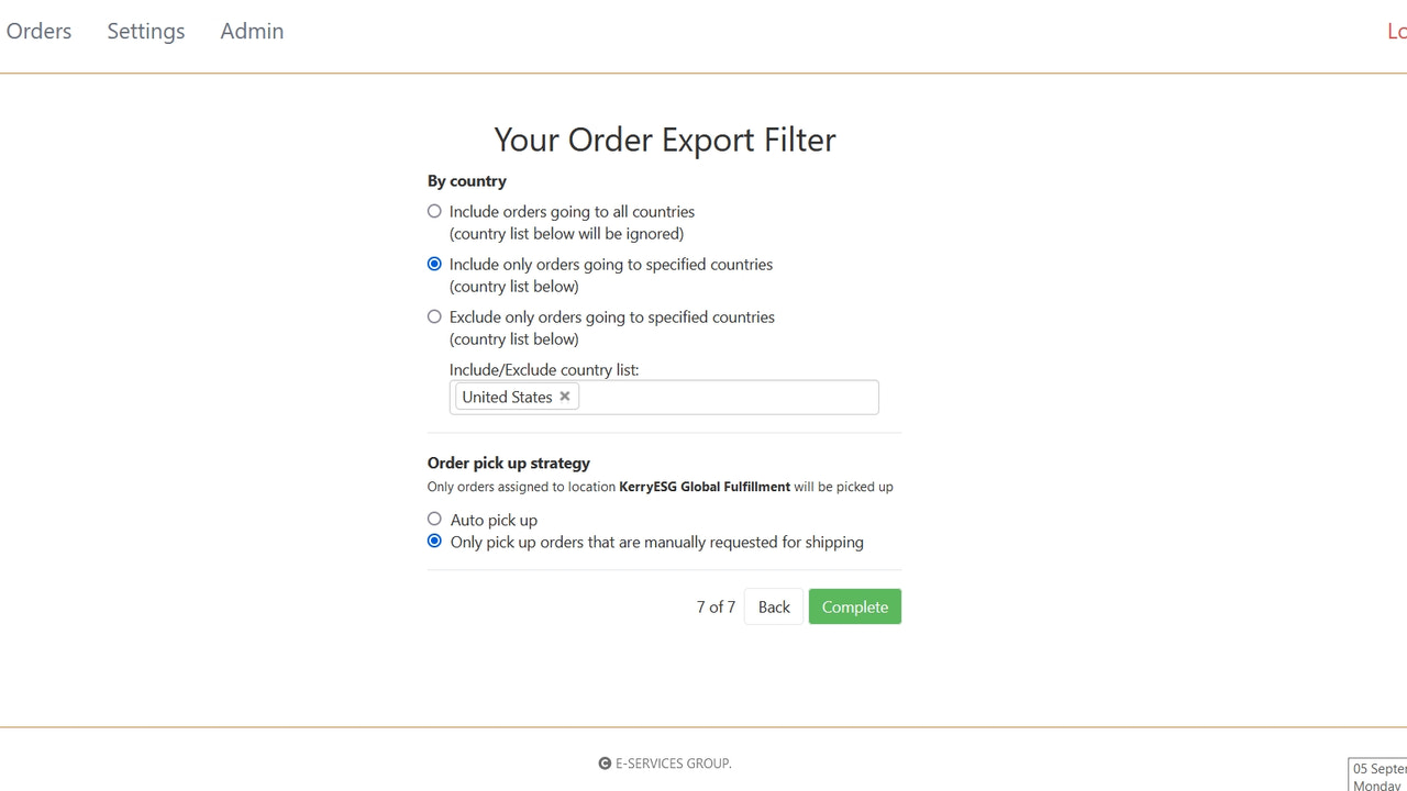 Filtre d'exportation de commande