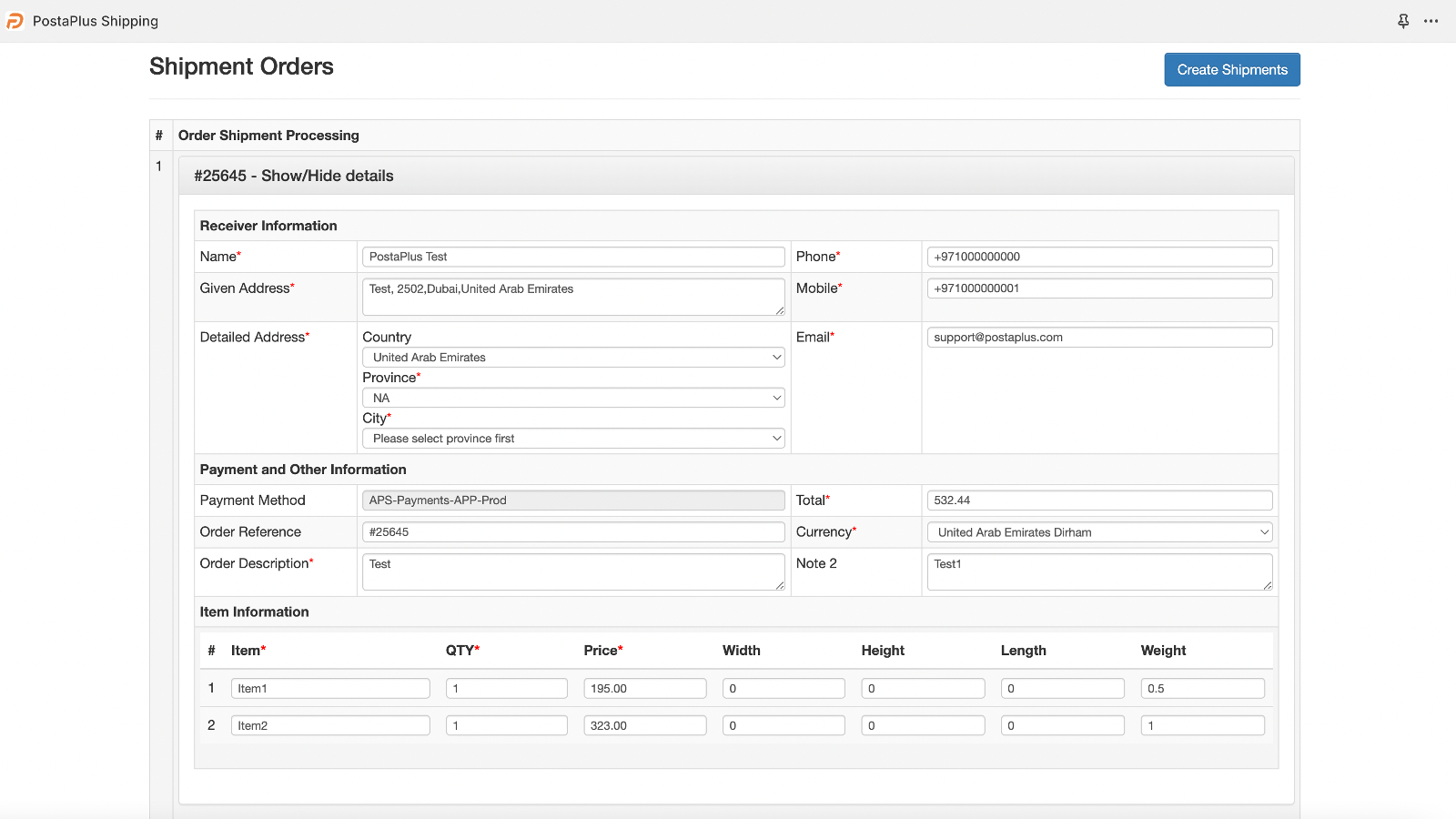 Shipment creation based on your orders and also manual shipments