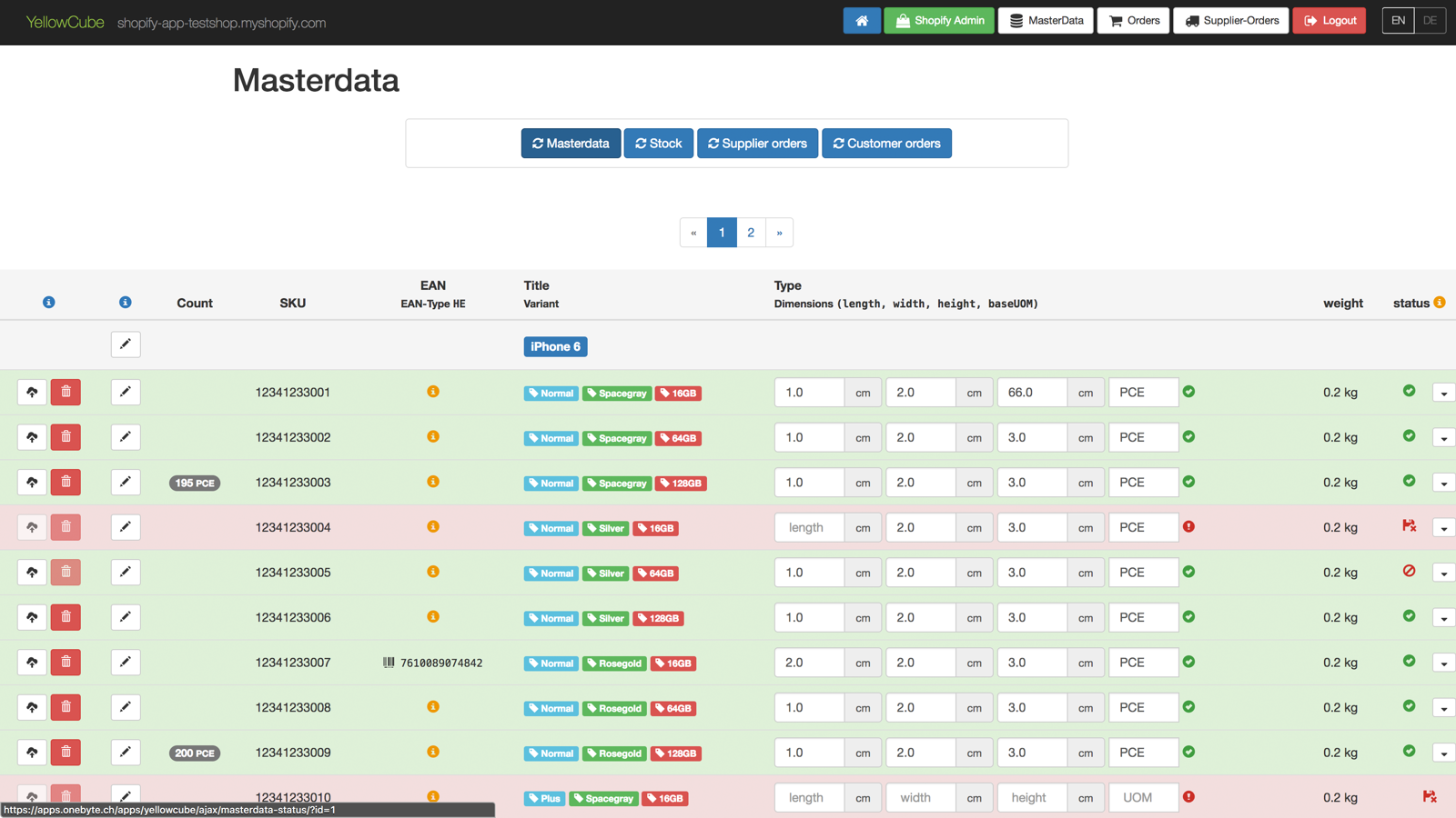 Datos maestros de Shopify de YellowCube