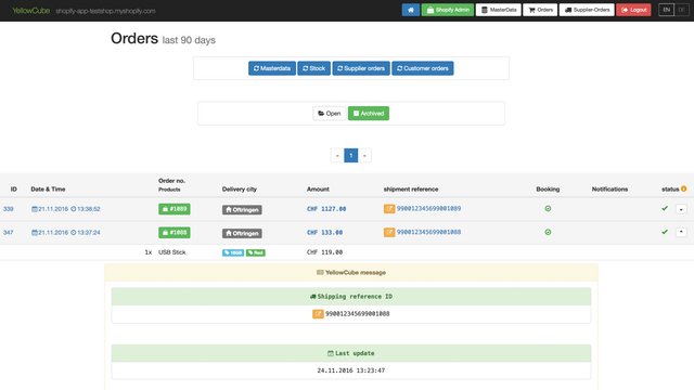 YellowCube Shopify Bestellungen