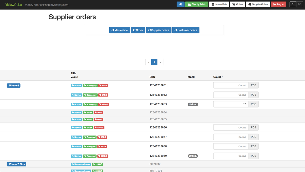 Commandes fournisseur Shopify de YellowCube