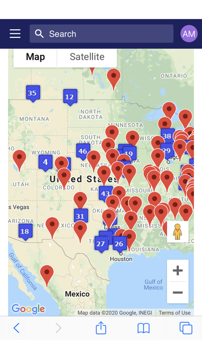 Résultats sur une carte avec les 50 premiers codes postaux indiqués