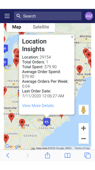 Postal code/Province details showing order activity and insights