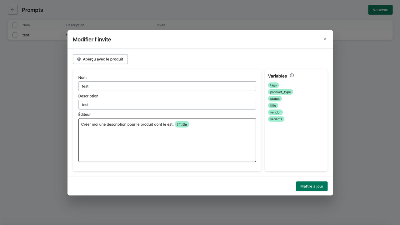 Page de gestion d'un prompt