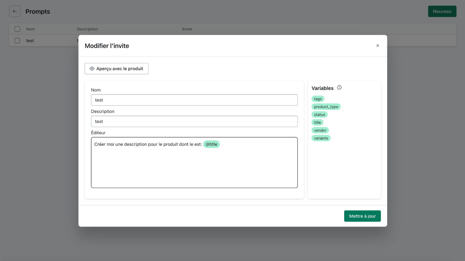 Page de gestion d'un prompt