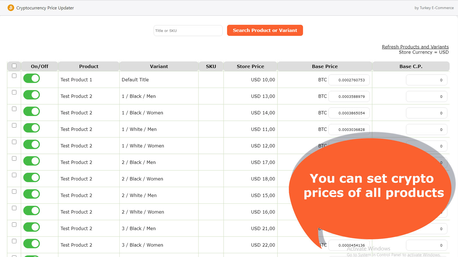 You can set crypto prices of all products SKU's