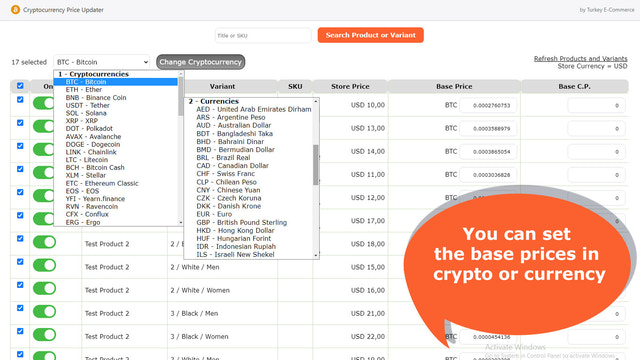 Puedes establecer los precios base en cripto o moneda por produc