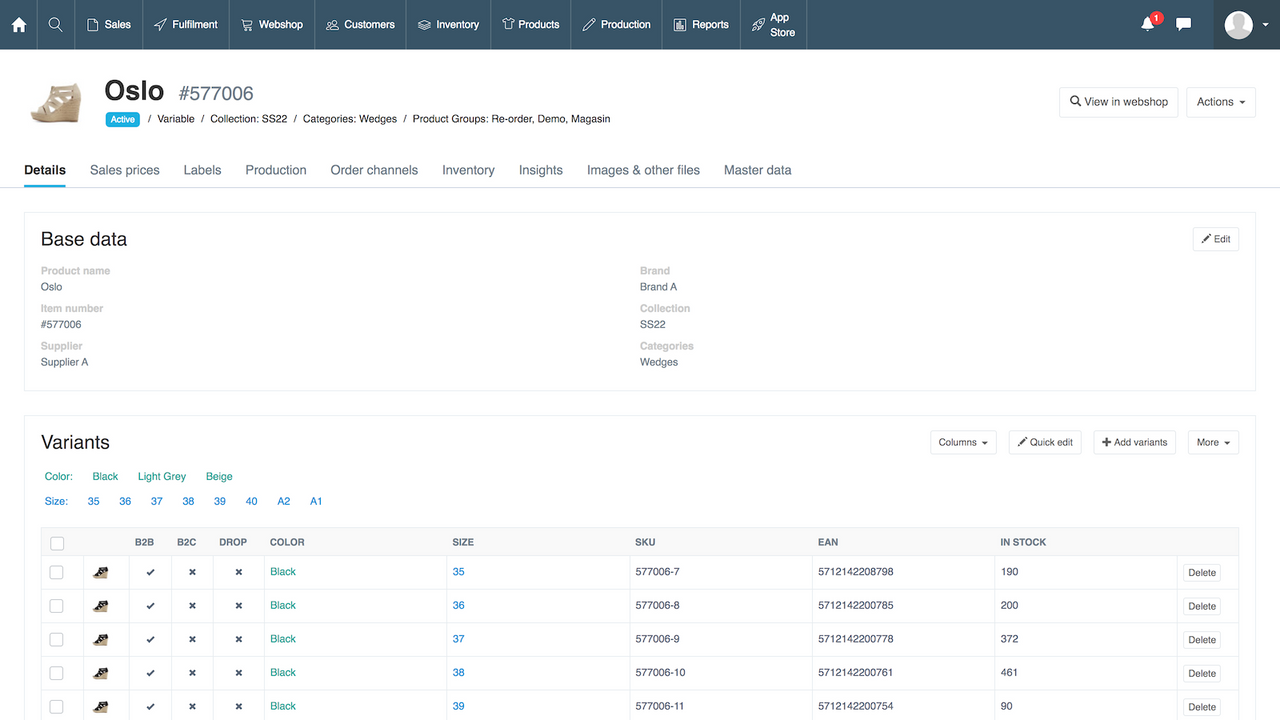 The product view in Traede where you can control product data