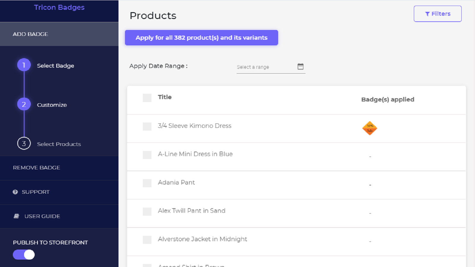 Filtre e selecione produtos e aplique o emblema selecionado