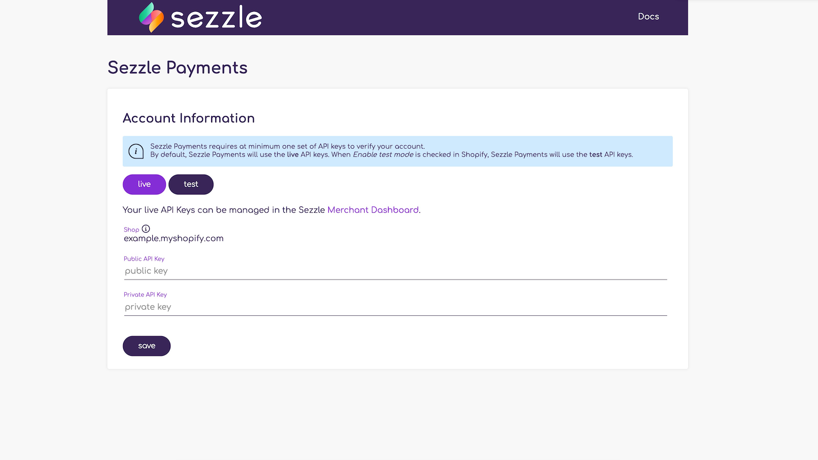 Página de Instalación de la Aplicación Sezzle Payments