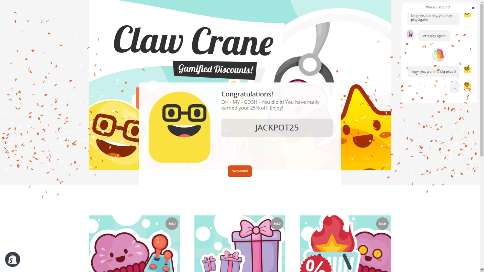 ClawCrane: Game & Email Popup Screenshot