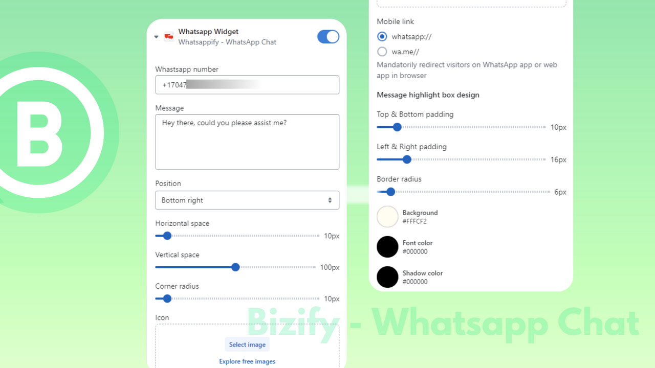 Whatsapp Chat voor Shopify winkel backend thema app blok