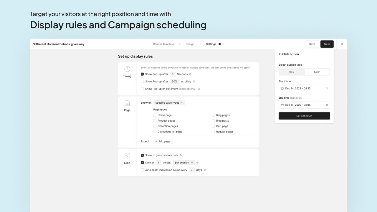 Set up display rules and schedule your popup display