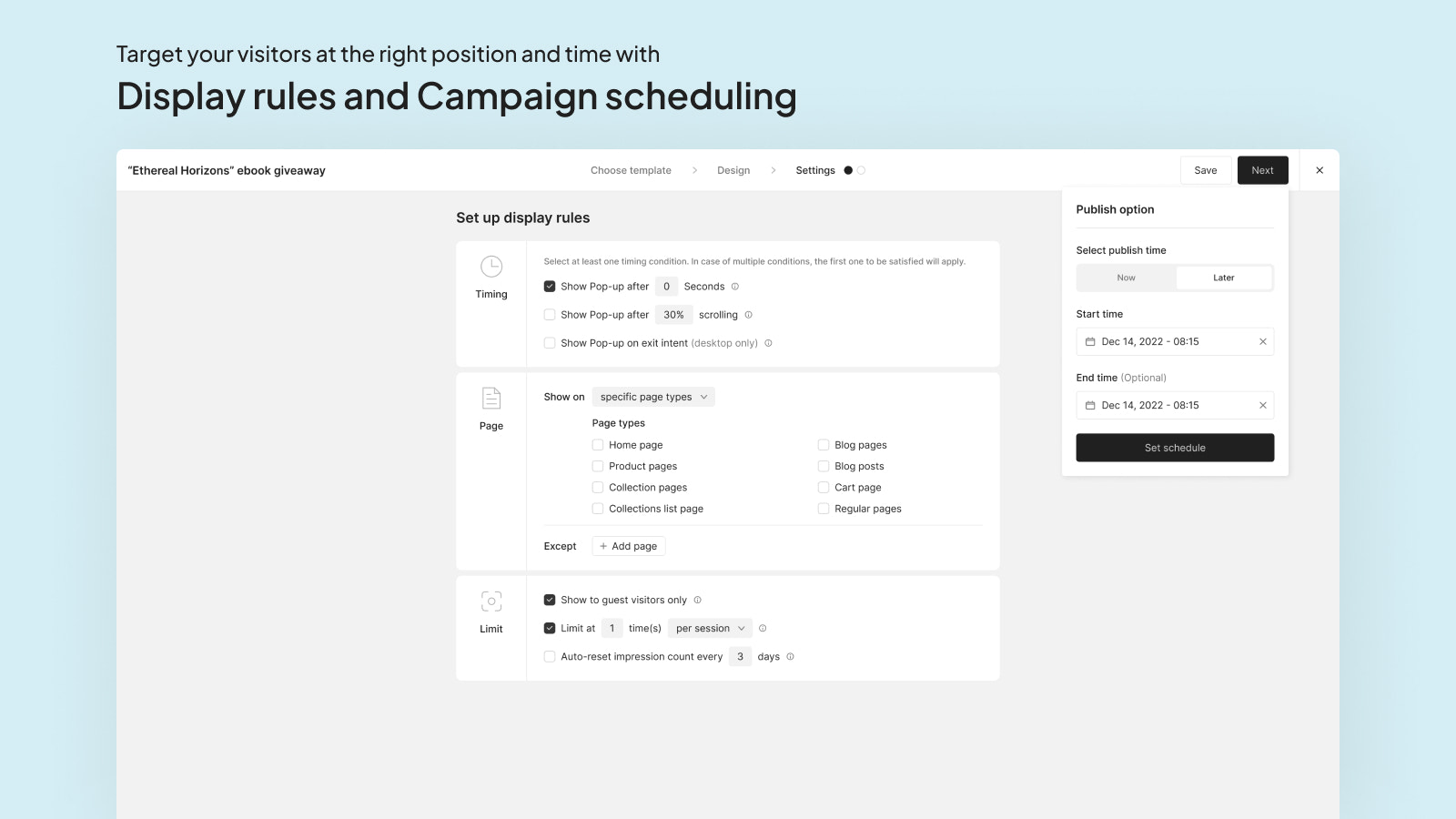 Set up display rules and schedule your popup display