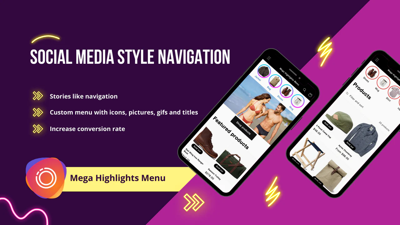 Mega Highlights Menu Estilo Story do Instagram com Navegação por Ícones