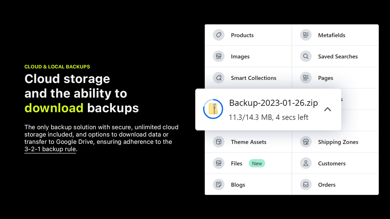 Cloud lagring og muligheden for at downloade backups for Shopify